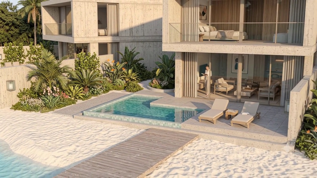 Artist visualization of a villa terrace: a balcony shading the living room below, a stone deck with a small pool and two loungers, garden planting, and a boardwalk crossing sand to the water.