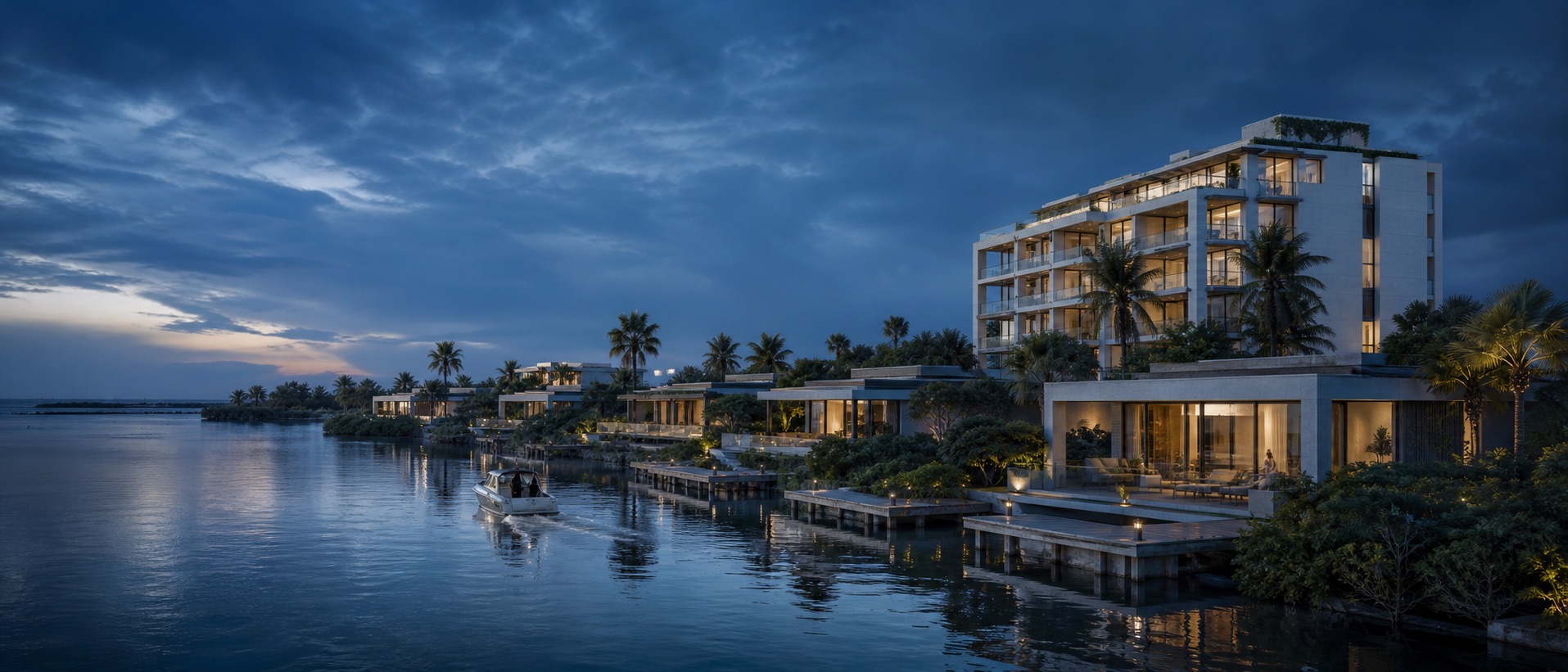 Artist visualization of a waterfront at dusk: low residences with lit rooms and private docks, a terraced mid-rise building among palms, and a small boat crossing calm water.